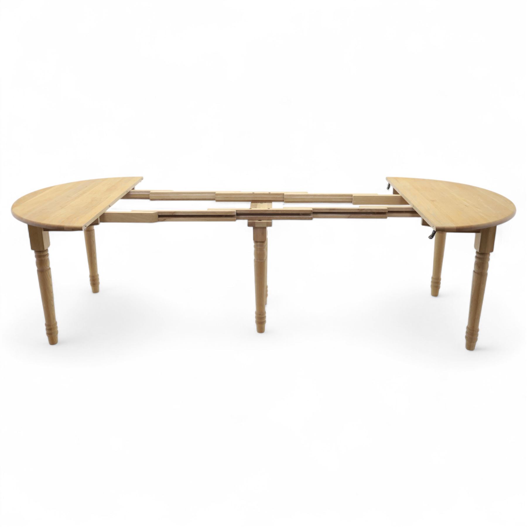 Neptune – Sheldrake limed oak extendable dining table and eight Havan loom chairs, the oval top in limed oak finish with four additional leaves extending the table to seat up to ten (Extends to cm), raised on turned legs with two additional centre supports, the matching Havan loom chairs finished in grey with cream upholstered seat covers (H 95cm, W 47cm, D 55cm)