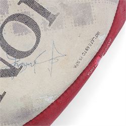 Three signed rugby balls, including 2017 Lions Tour Rhino Jumbo ball, signed by eight players, including Greig Laidlaw, Rugby world cup 2003 example and a 2001 British Lions example