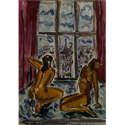 Sergie Mikhailovich Luppov (Russian 1893-1977): Two Female Nudes in a Window, watercolour signed and dated 46cm x 32cm