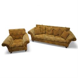20th century upholstered settee and matching armchair in the manner of Howard & Sons, with...