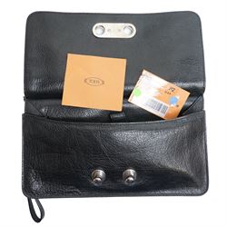 Tod’s - Fashion Pochette Piccola in Nero crinkled patent leather, the rectangular body with rolled-bar top, detachable wrist strap, flap front and silver-tone branded toggle fastening, with original product tag and dust bag