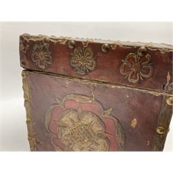 20th century box, decorated in faux leather with the royal coat of arms and GR 1719 to hinged cover, with fleur-de-lis, lion, crown and rose motifs throughout and studs to all edges, opening to reveal a purple velvet interior containing three removable wooden trays, H18.5cm
