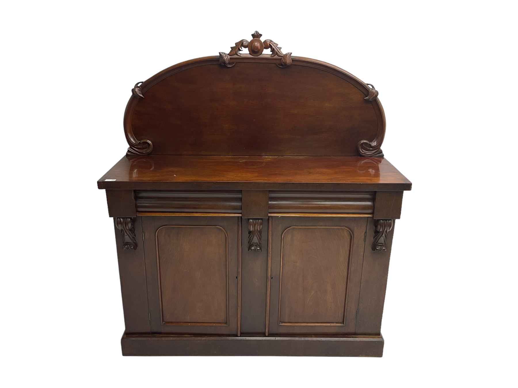 Victorian mahogany chiffonier sideboard, raised back with central cartouche pediment, fitted with two two drawers over two panelled cupboards, flanked by foliate corbels