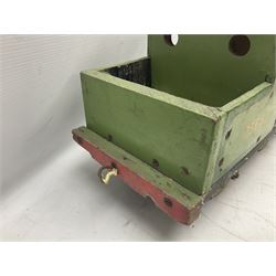 1960s scratch-built green, black and red painted wooden model of a 4-6-0 tank locomotive 'Andrew' No.7365 L88cm; and an unused wall mounting die-cast model display cabinet with glass door and shelves 52 x 40cm (2)