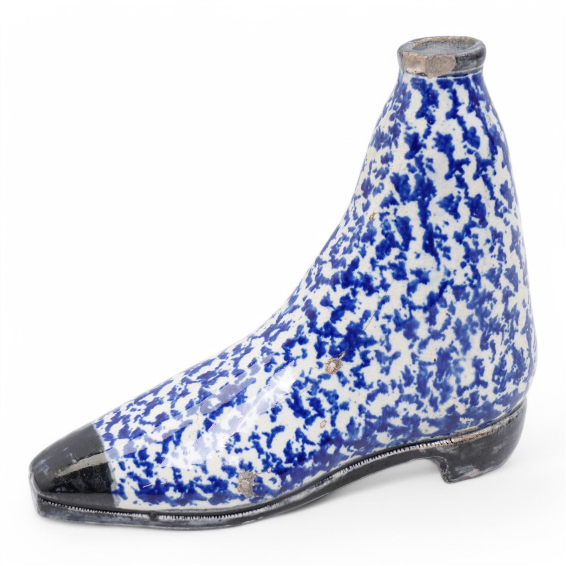 19th century Scottish pearlware flask in the form of a boot with sponged blue decoration 16cm x 19cm