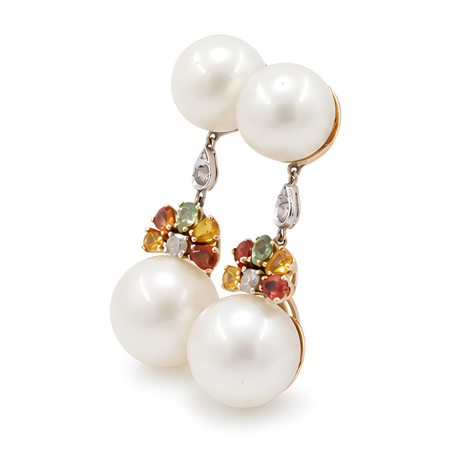 Pair of 14ct white and yellow gold South Sea pearl, diamond and sapphire pendant earrings, each stud set with two pearls, spaced by a single round brilliant cut diamond, suspending a further diamond surrounded by five pear cut yellow, orange and green sapphires, stamped 585