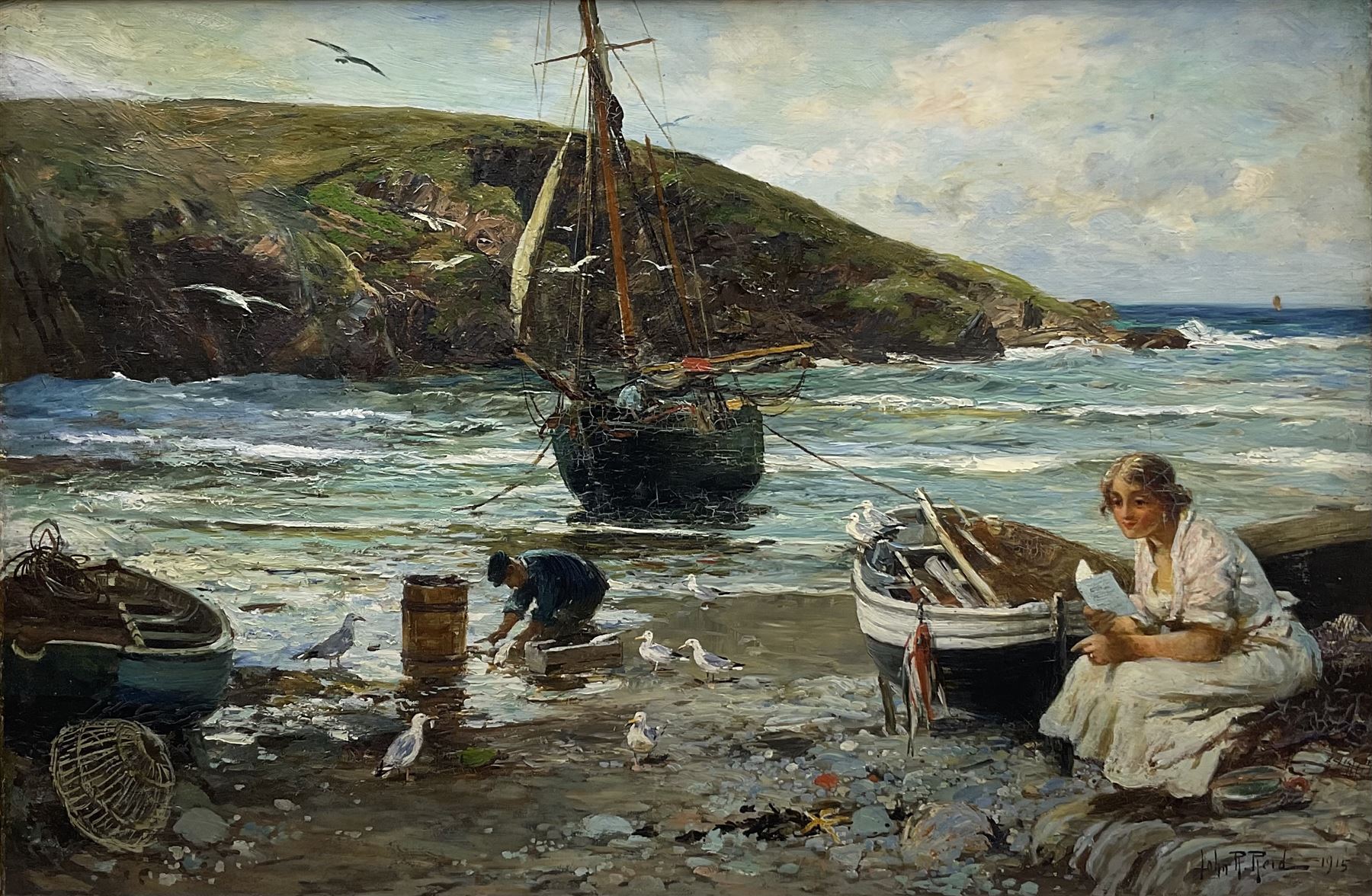 John Robertson Reid (Scottish 1851-1926): Girl on the Seashore Reading a Letter, oil on canvas signed and dated 1915, 60cm x 91cm