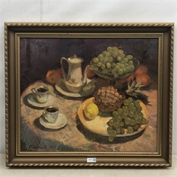 Valentin Smirnov (Russian 1927-2009): Still Life with Pineapple and Grapes, oil on canvas signed 49cm x 58cm