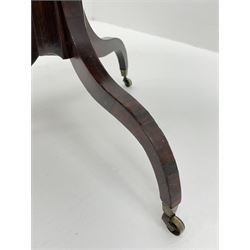 Regency style birdseye maple and rosewood tripod table, hexagonal tilt top with segmented veneer and banding, tapered hexagonal column on three splayed serpentine supports, brass cups and castors 