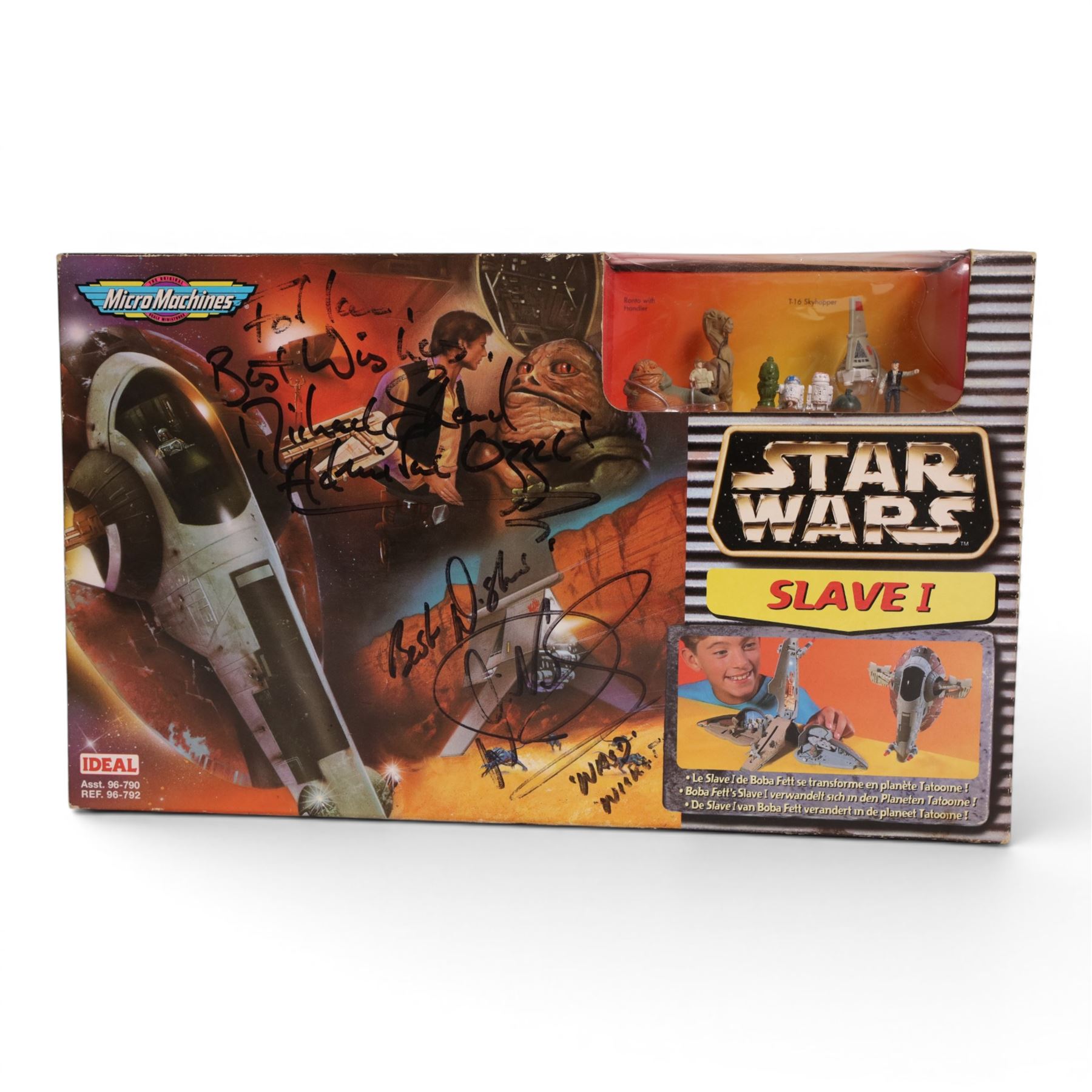 Galoob Micro Machines Star Wars Slave I, signed by Warwick Davis and Michael Sheard in black marker pen to front of box