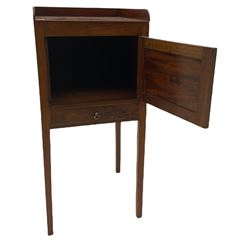 Early 19th century mahogany bedside pot cupboard, raised gallery back, enclosed by single door with band above single drawer, square supports