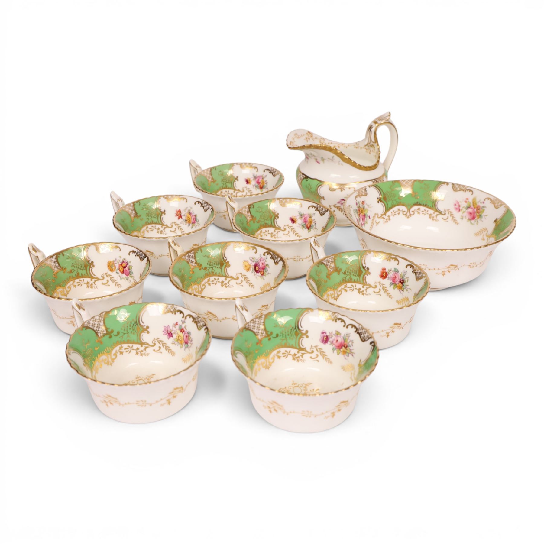Coalport green batwing pattern tea service for eight, comprising teacups and saucers, side plates, milk jug, open sucrier and sandwich plate