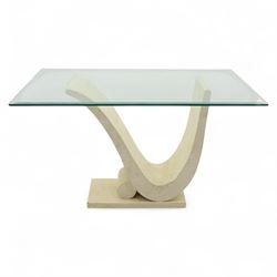 Contemporary sculptural stone-effect console table with bevelled glass top 