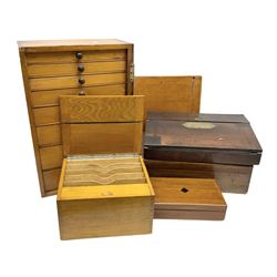 Quantity of boxes comprising writing slope, oak box with hinged lid opening to reveal letter rack,
eight graduating drawer miniature chest, two further boxes and a Bowden & Co watercolour's drawing board with original sticker labels, tallest H45cm (6)