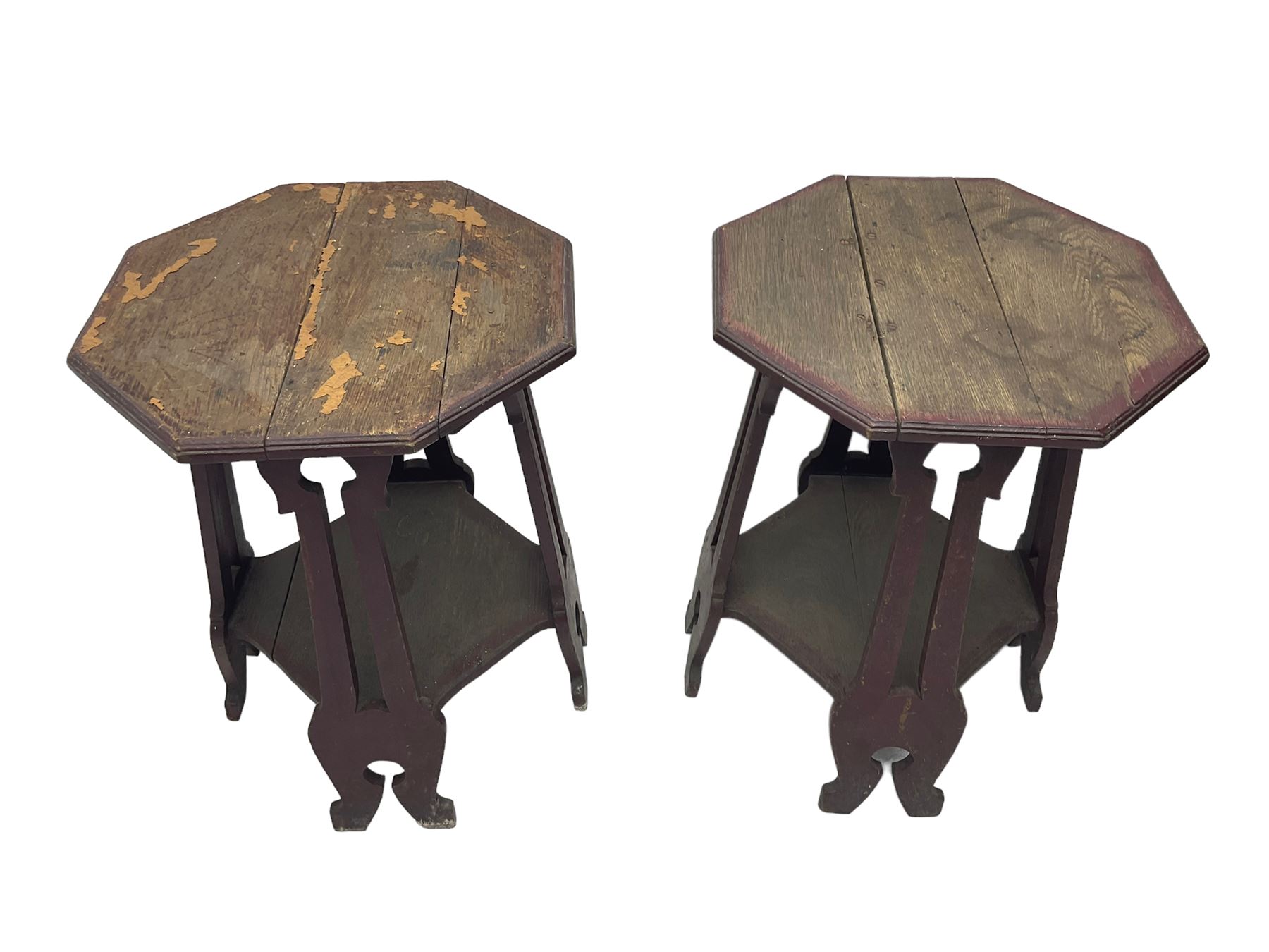 Pair Arts & Crafts period side tables, octagonal moulded top, on four supports with pierced decoration terminating at splayed feet, the supports joined by octagonal undertier, with label 'Palliser's Wolverhampton'