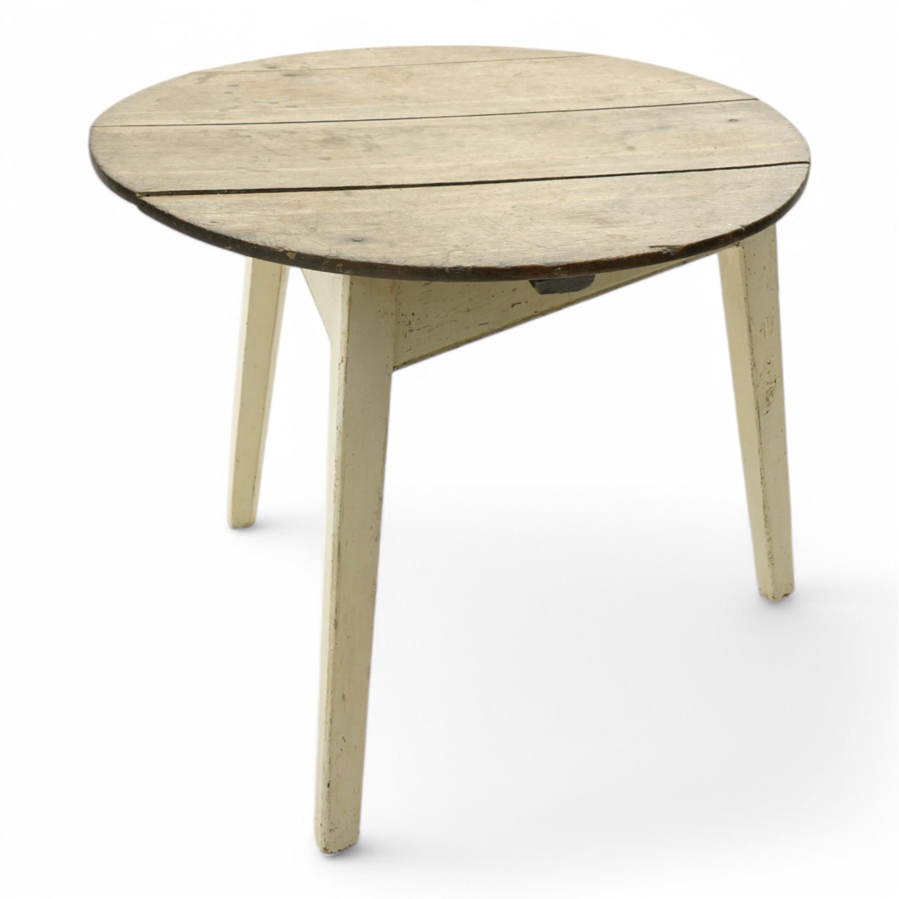 19th century oak and pine cricket table, circular plank top on painted base, tapering supports