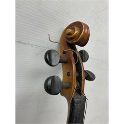 Czechoslovakian violin c1920 with 36cm two-piece maple back and ribs and spruce top, bears label 'Copy of Antonius Stradivarius Made in Czechoslovakia' L59cm; in carrying case; 1950s Czechoslovakian violin; and 195os Czechoslovakian three-quarter size violin; both cased (3)