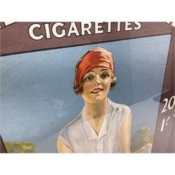 Wills Gold Flake Cigarettes advertising board, framed depicting a lady at the tennis, advert H51cm, L38cm