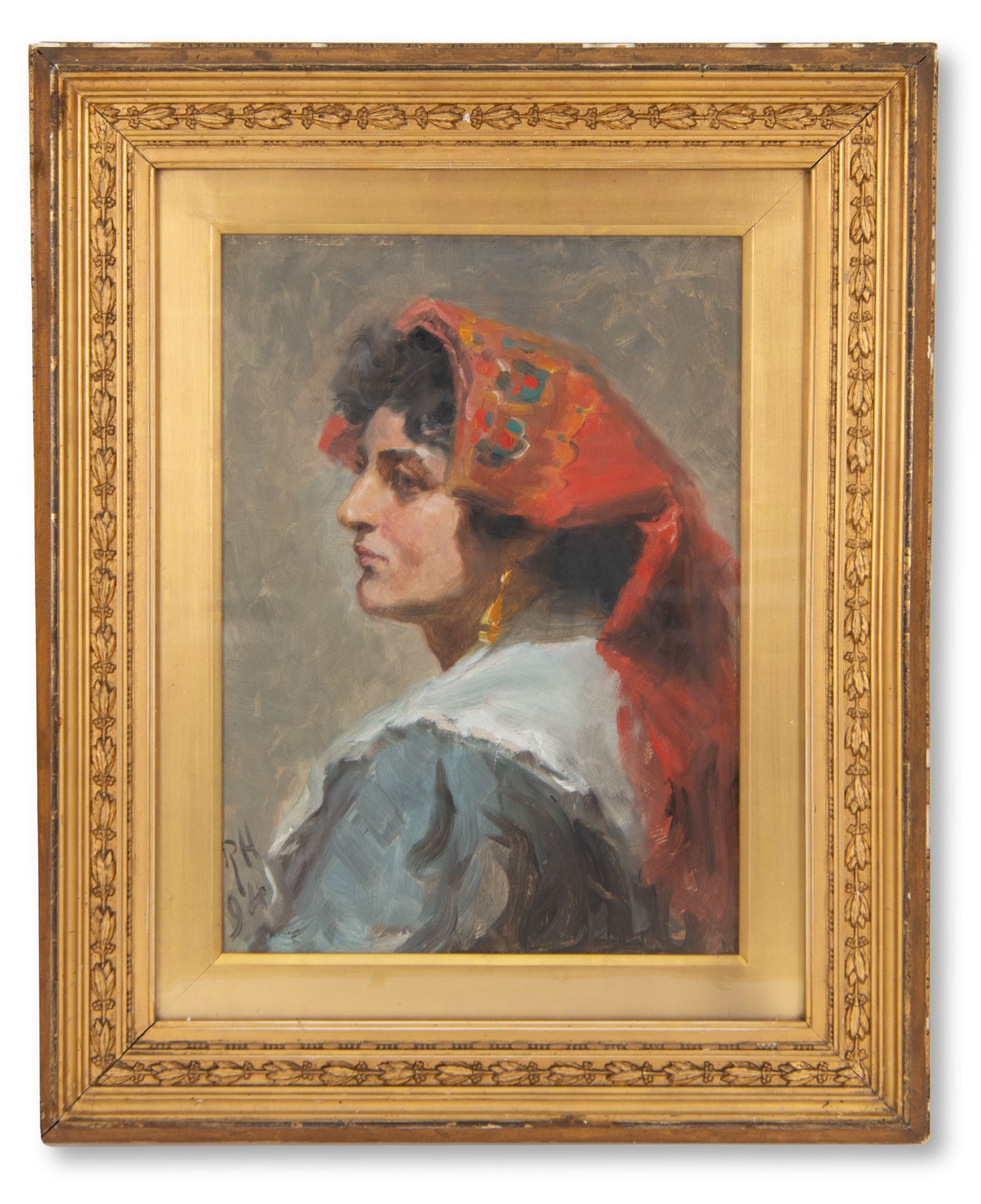 Ralph Hedley (Staithes Group 1851-1913):  'Mrs Palma Fionda' - Head and Shoulders Portrait, oil on board signed with initials and dated '94, 36cm x 26cm 
Provenance: exh. 'Exhibition of Works by Ralph Hedley', Laing Art Gallery, Newcastle 1938, no. 129, label verso