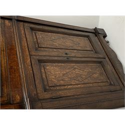 George III oak floor standing corner cabinet, scrolled swan neck pediment with central finial over astragal glazed door, painted interior fitted with three shaped shelves, the lower section fitted with single shaped shelf enclosed by two fielded panel doors inlaid lozenges, on bracket feet, H195cm, W77cm