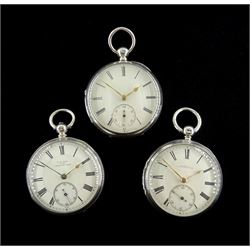 Three Victorian silver open face English lever pocket watches by D.W. Kee, Isle of Man, J & E Rhodes, Kendal and Burton, Ulverstone, cream enamel dials with Roman numerals and subsidiary seconds dials, hallmarked (3)
