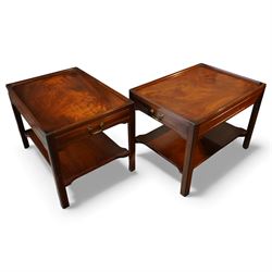 Pair of Georgian design oak lamp tables, the rectangular tops with moulded edges over sing...