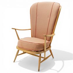 Ercol - Model 478 evergreen light elm and beech armchair, hoop back design curved arms, two crimson checked loose cushions, raised on tapering legs with H-stretcher