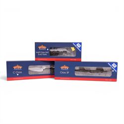 Three Bachmann 00 gauge weathered locomotives, comprising no. 31440 Ivatt 2-6-2 Tank locomotive no. 41243 in BR lined black, no. 31462 C Class locomotive no. 31086 and no. 31626 Class 3f locomotive no. 43762, all boxed