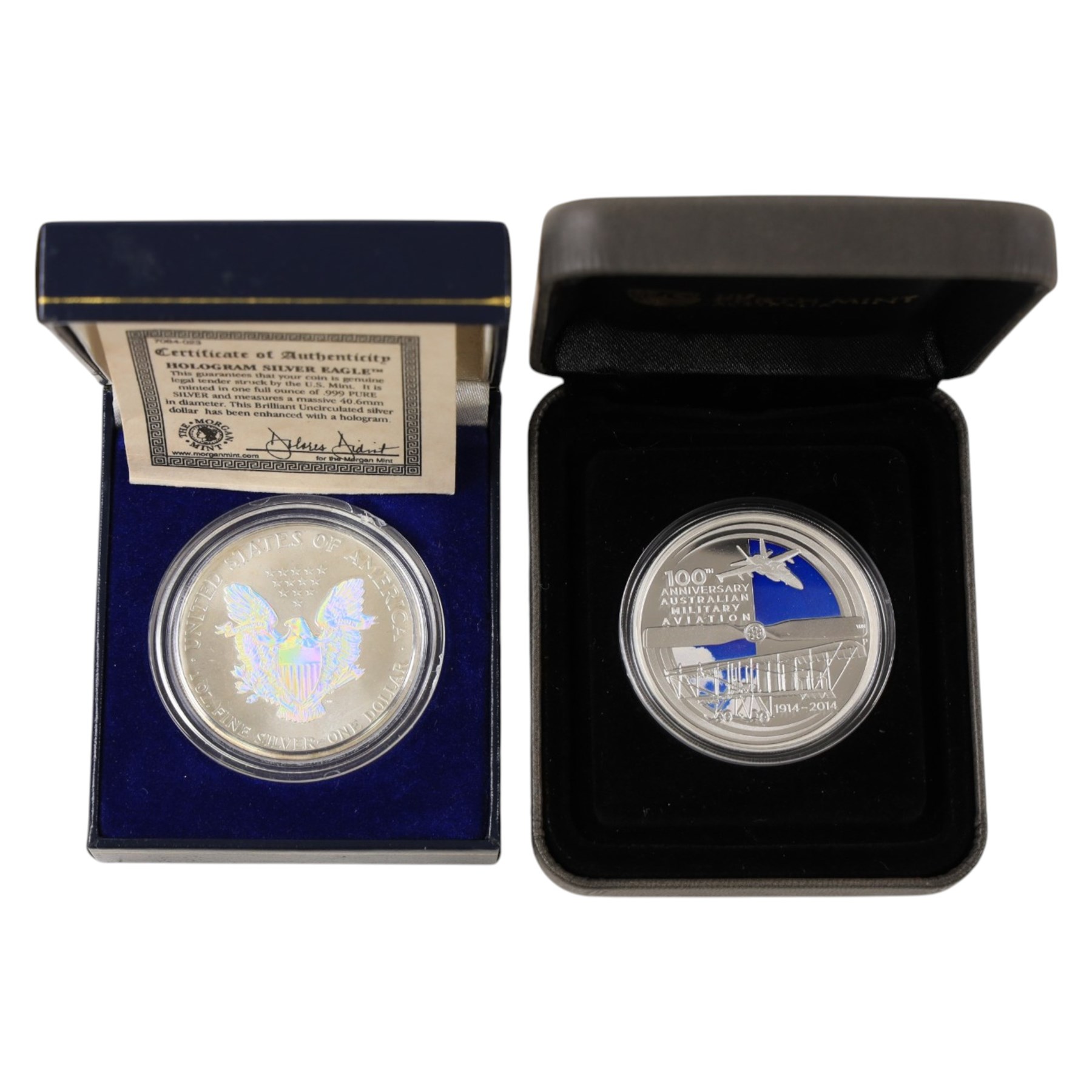 Seven one ounce fine silver coins, including The Royal Mint United Kingdom 2011 'Britannia', Australia 2016 'Kangaroo', USA 2000 'Hologram Eagle', Australia 2014 '10th Anniversary of Australian Military Aviation', etc, mostly cased with certificates
