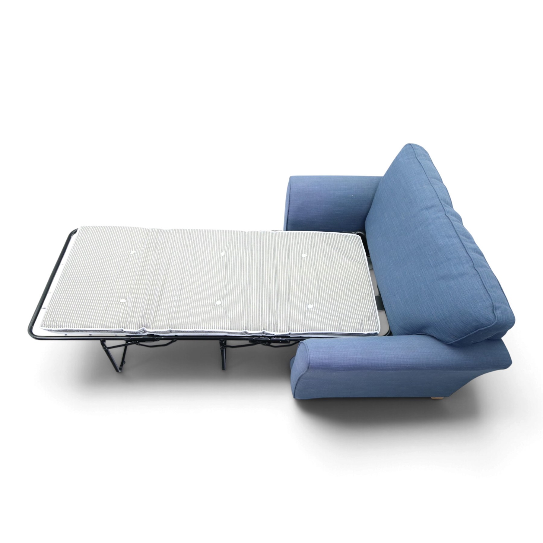 Contemporary blue small sofa bed, shaped arms with loose seat cushions, stowed bed beneath, raised on light wood feet