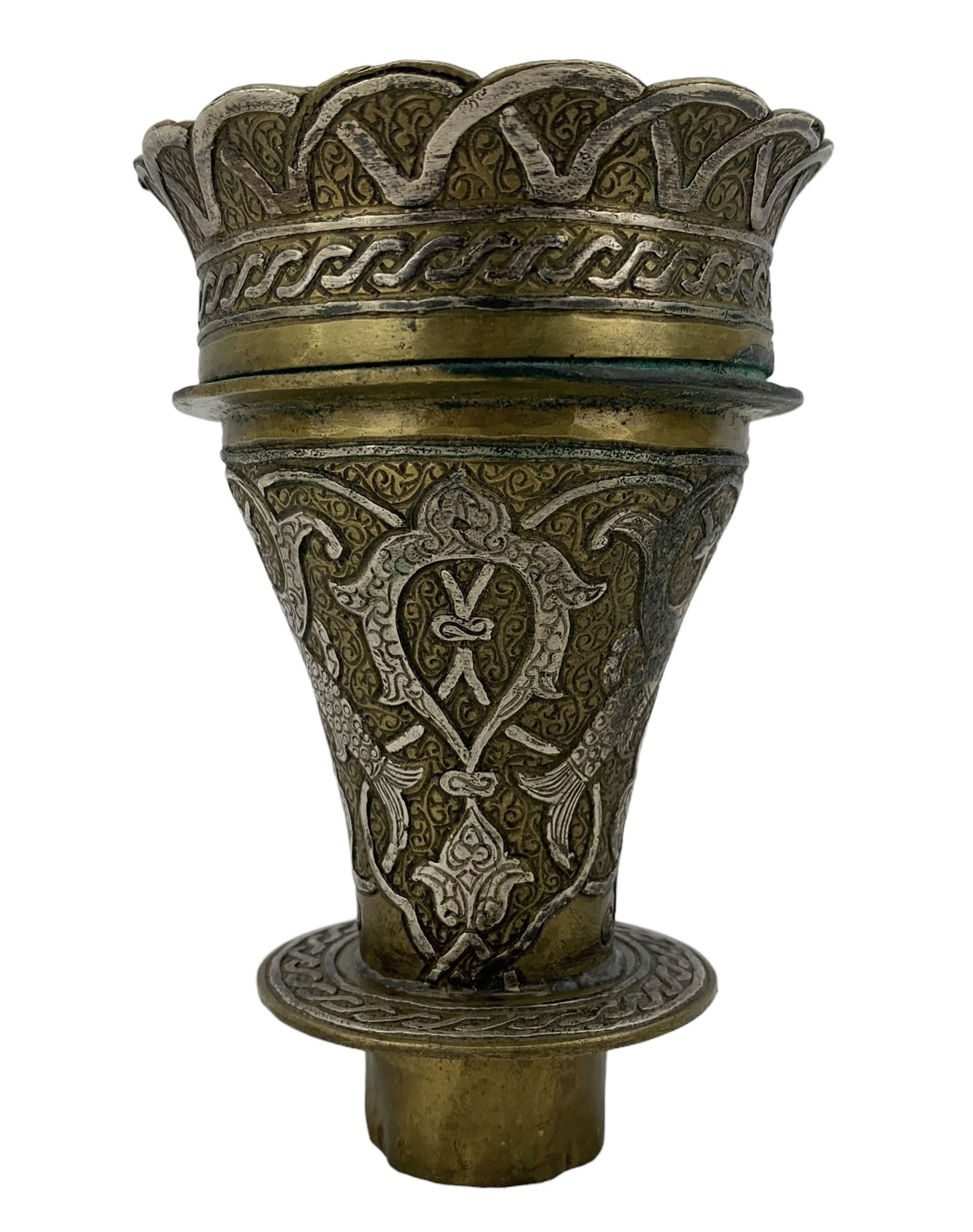 19th century Persian brass and white metal inlaid Hookah bowl, decorated with stylized fish and scrolling motifs, H11cm 