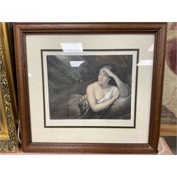 After T Philips (British 19th century): 'The Nymph' engraving with hand colouring, together with Victorian engraving of girl with dog, two modern prints of girls with animals, print of the Sistine chapel ceiling  and print of Jean-Hippolyte Flandrin's Nude Man (6)