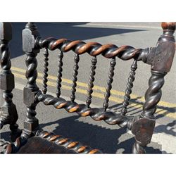 Unusual pair late 17th century oak spindle-back chairs, barley twist or spiral turned throughout, the back with a row of six vertical turned spindles, the supports joined by two lower rails and front central rail, plank seats

Provenance - The chairs illustrated in 'Early British Chairs and Seats 1500-1700' by Tobias Jellinek (Pub: Antique Collectors Club. 2009. p 313). Previous part of a private collection. Vendor purchased from auction 2014.

Measurements - seat width - 48cm, seat height - 38cm/36cm, depth - 50cm, total height - 85cm/82cm