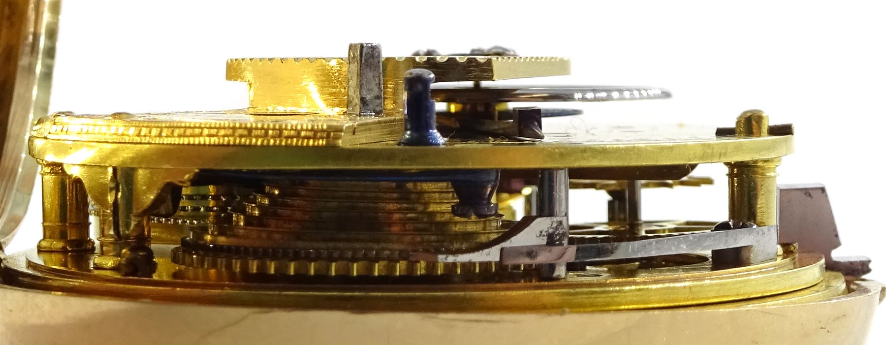 George III 18ct gold pair cased English lever fusee pocket watch by John Bolton, Durham, No. 844, round baluster pillars, engraved balance cock with flower decoration and diamond endstone, stop/work lever, cream enamel dial with Roman numerals and subsidiary seconds dial, case makers mark V&R, Chester 1819