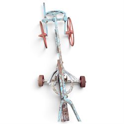 J. & F. Howard Ltd., Bedford - late 19th/early 20th century blue-painted cast iron horse-drawn potato ridger, with twin handles above a curved beam, adjustable ridging body and ploughshare, on red-painted five-spoke wheels, signed HOWARD BEDFORD