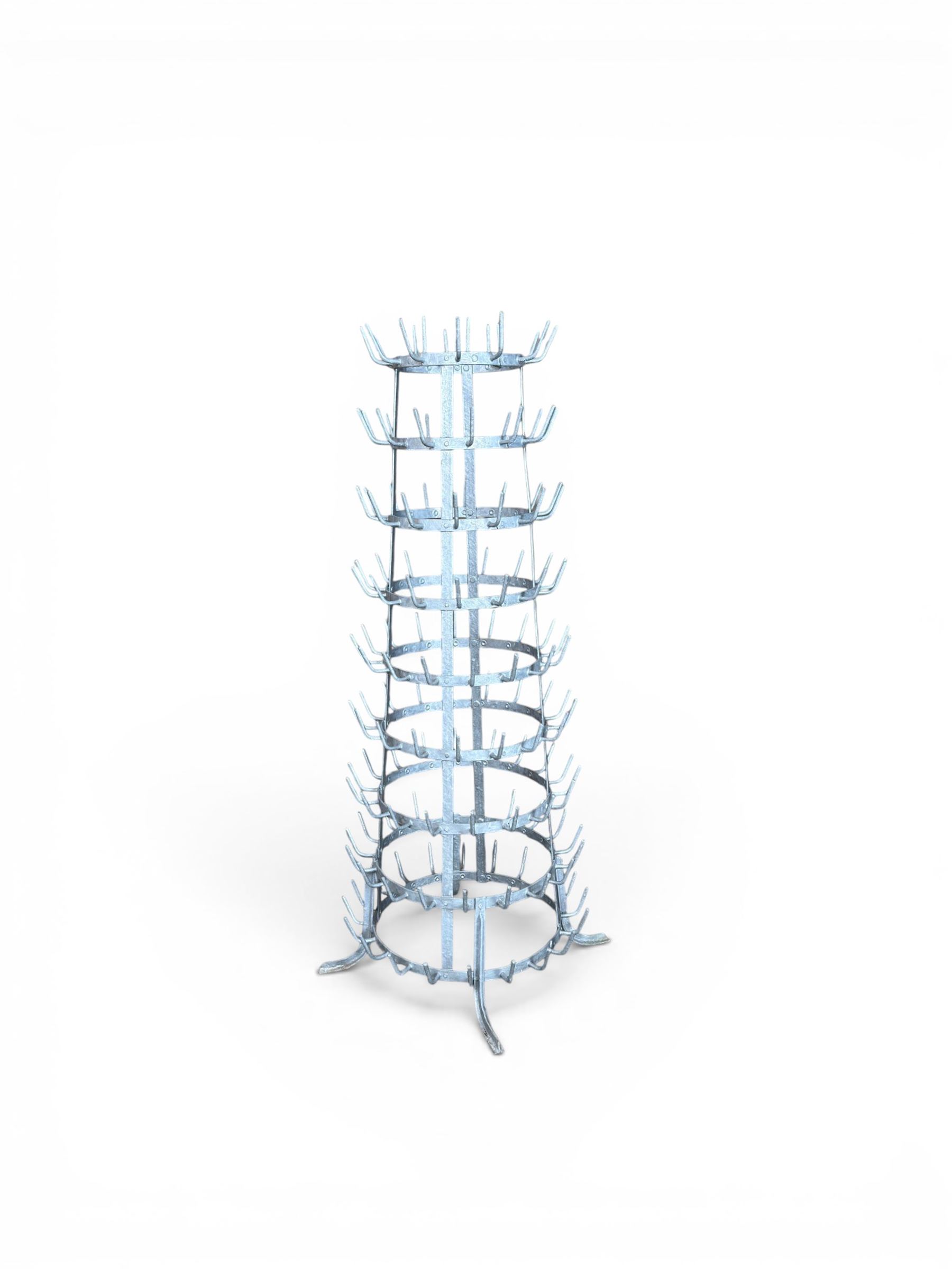 Galvanised metal bottle drying tree, pegs for 142 bottles