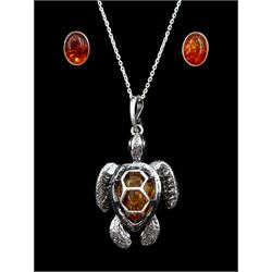 Silver Baltic amber turtle pendant necklace and pair of silver amber oval studs, stamped 925