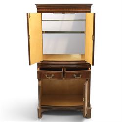 Georgian design mahogany cocktail drinks cabinet, bow fronted with mirrored and maple interior, slide out mirrored serving area, over two drawers and a cabinet below, raised on bracket feet