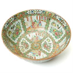 19th century Chinese Canton bowl decorated with panels of figures and flowers in famille rose enamels D34cm