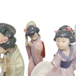 Five Lladro Japanese figures, comprising Oriental Spring no 4988, two Chrysanthemum no. 4990 and two Madame Butterfly no. 4991
