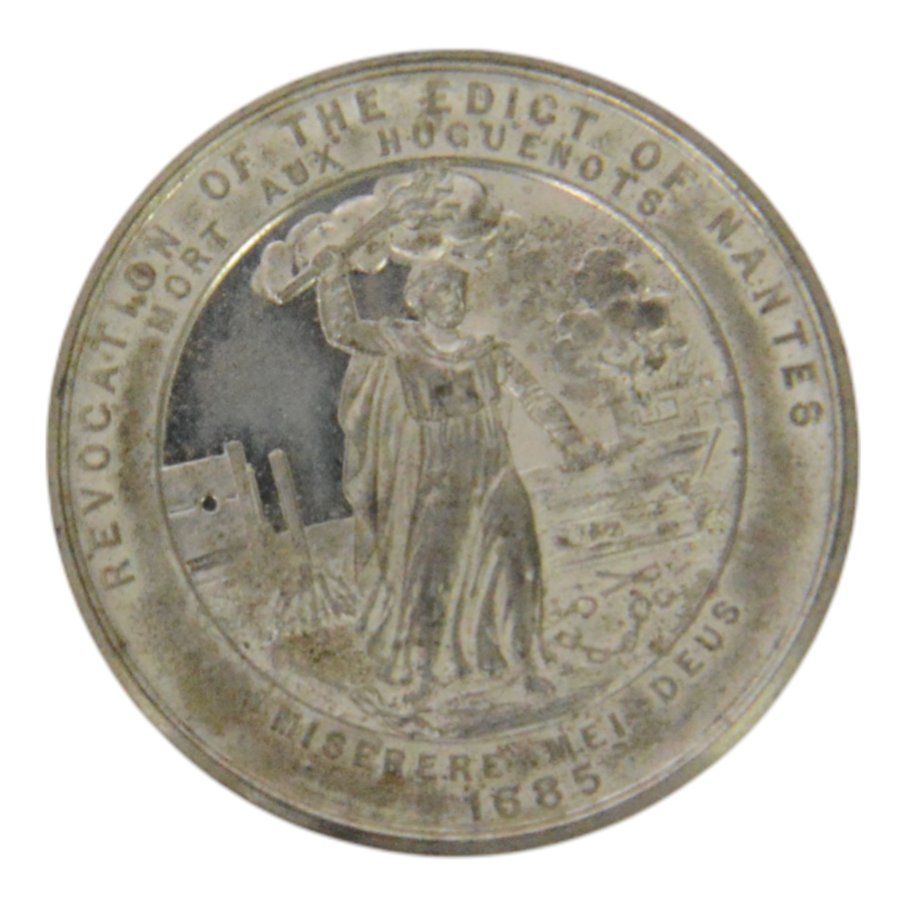 Victorian medal commemorating the 200th Anniversary of the Revocation of the Edict of Nantes in 1885, in Elkington & Co case