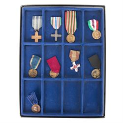Collection of nine Italian medals, from WWI and WWII, including War Cross , Vittorio Veneto, 1914-18 war medal, Fascist GIL 2nd class, MVSN Colonial, Mussolini medal, Bersaglieri 1934 medal, Ethiopia war medal etc