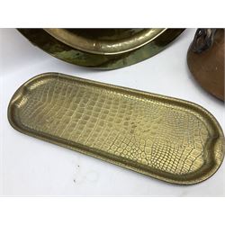 Copper pot with twin iron handles, large heavy planished brass charger and brass crocodile tray, charger D59cm