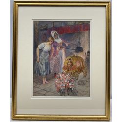 William Henry Margetson (British 1861-1940): Cinderella and the Fairy Godmother, original watercolour and gouache book illustration signed 29cm x 22cm, together with 'Stories from Grimm' illustrated Edwardian book pub. Thomas Nelson and Sons (2)