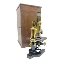  Bausch & Lomb brass microscope with rack and pinion focussing, twin swivel mount for two lenses, base marked A E Staley & Co,.no 43816, in box 