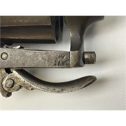 19th century Belgian Flobert 7mm pin-fire revolver with six-shot cylinder, 7cm octagonal to round barrel, folding trigger and walnut stock incorporating ejector rod in butt L18cm overall