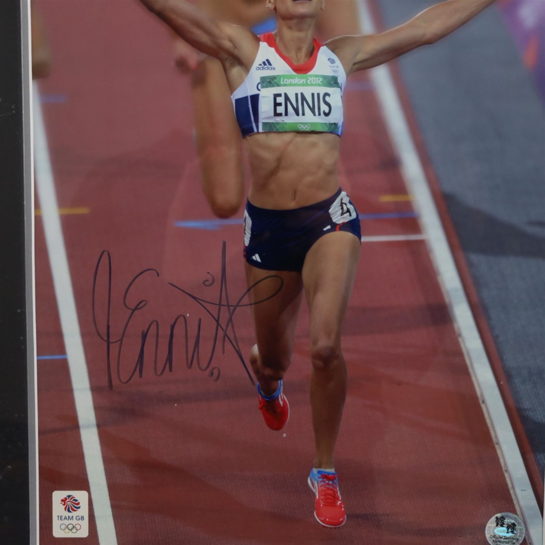 Two limited edition signed London 2012 Olympic colour photographs, the first depicting Jessica Ennis crossing the finish line, with her signature in black marker pen, the second depicting Victoria Pendleton in celebration, with her signature to the left hand side in black marker pen, both with 2012 Olympic Memorabilia authenticity holograms, largest frame H60cm