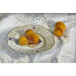 Iris Collett (British 1938-): Still Life of Apricots, oil on board signed 19cm x 30cm 
Provenance: from the second and final part of the artist's studio sale collection