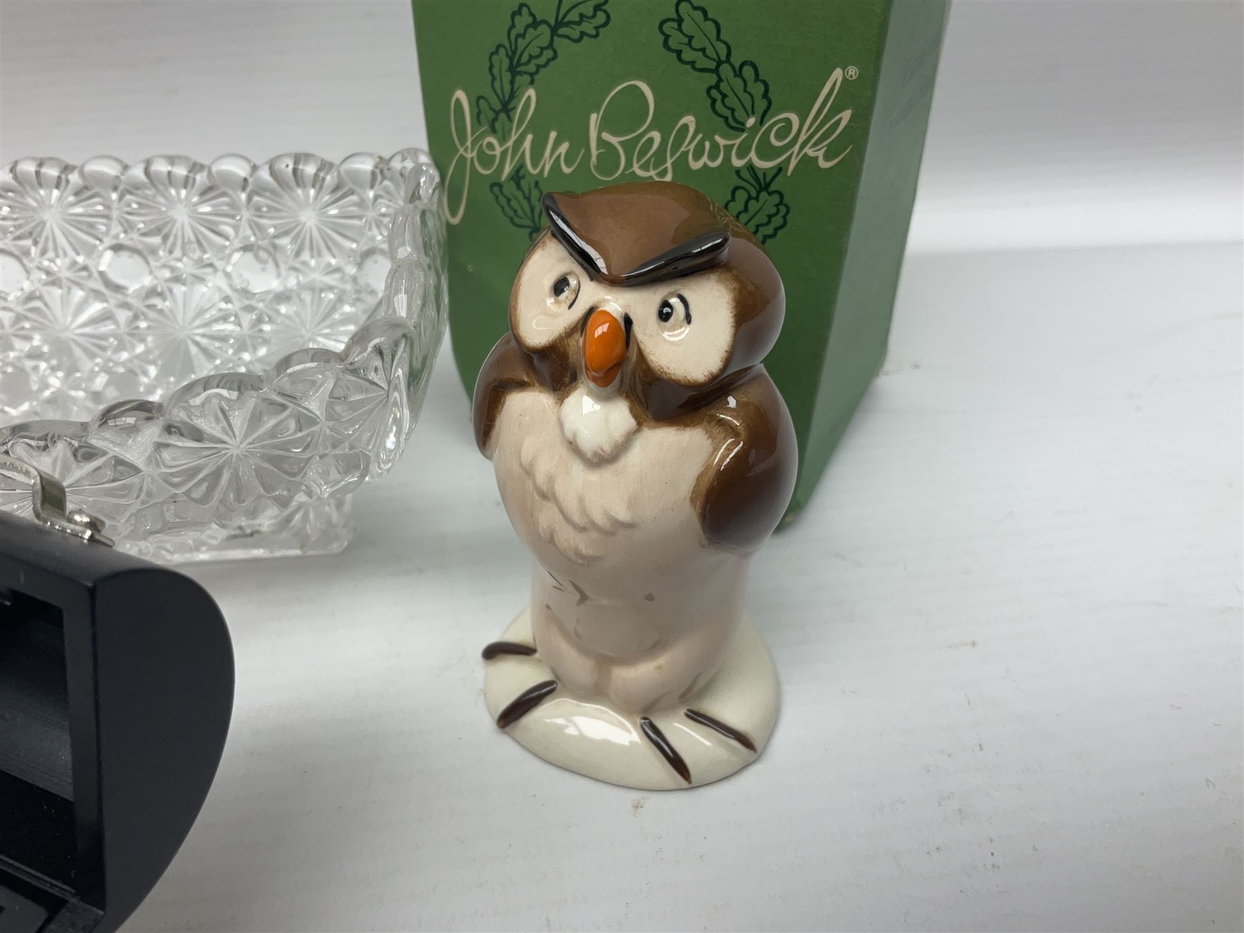 Six small mantel clocks; Grace Darling moulded glass dish; and boxed Beswick figure