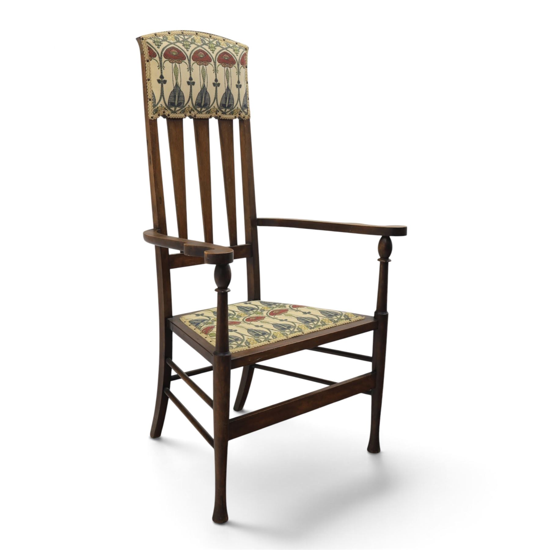 Robson & Sons, Newcastle on Tyne - Arts & Crafts high back armchair, upholstered in Mackintosh style fabric, shaped armrests and cylindrical supports united by stretchers